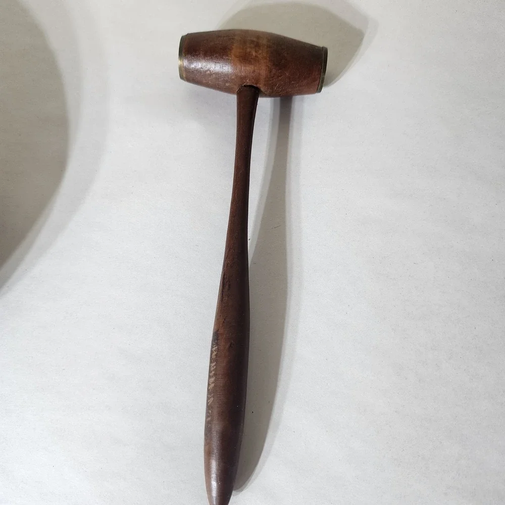 Vintage Hand Carved Wooden Nut Bowl Set with Mallet and Metal Anvil India Floral